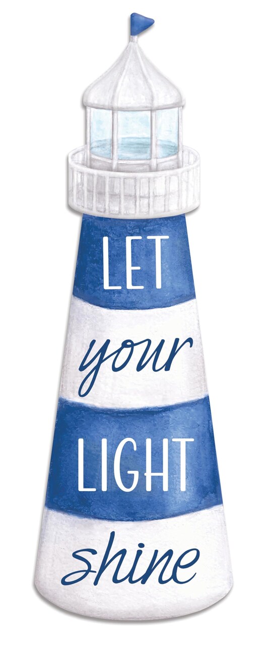 16" Metal Lighthouse Sign "Let Your Light Shine" For Wall Decorations, Wreath Accents, and Crafts - Blue, White - Summer, Spring, Beach House